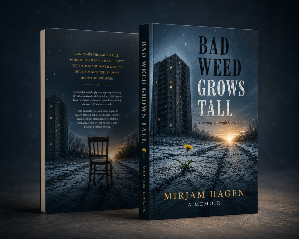 3D Book Mockup
Book cover of the book Bad weed grows tall
The first cover page is the picture of dark grey The high-rise building in the background a light in the horizon and a dandelion growing up throught the concrete.
The back cover page is a picture of the dark grey high-rise building in the back ground and the empty chair waiting for someone searching for belonging