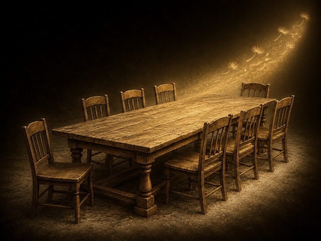 The Long Table in The Long Table Institute community gathering
Eight chairs where one of them is rotated 5% from the table. The empty chair for someone searching for belonging