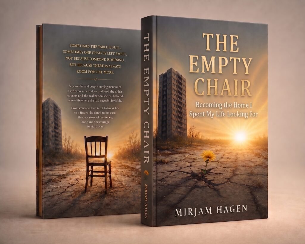 3D Mock cover of the Book The Empty Chair- Becoming the Home I Spent My Life Looking For
Picture of the high building the author grew up in, a dandelion growing through concrete and the sunrise on the front cover
On the back cover an Empty Chair with the building and the sunrise in front of it