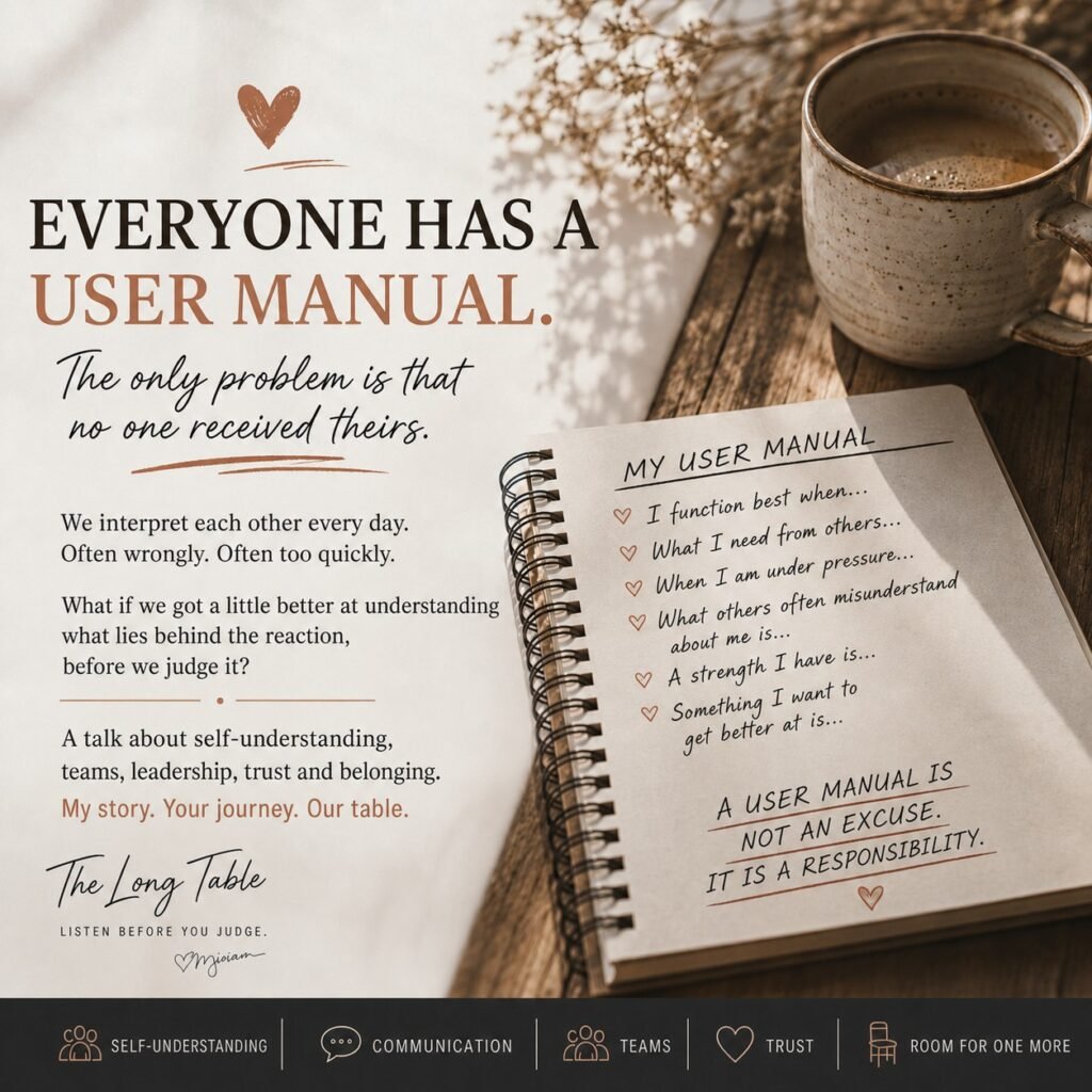 A picture of a note book and a cup of coffee at the Long TableA talk about differences, communication, trust and belonging in teams.