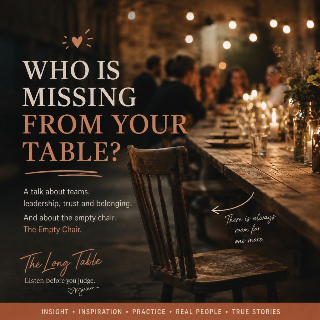 A picture of the Long Table and the empty chairA central part of the experience is The Empty Chair: the question of who is missing from the table, who is not being heard, and what we can do to create genuine space and belonging. Lets Talk