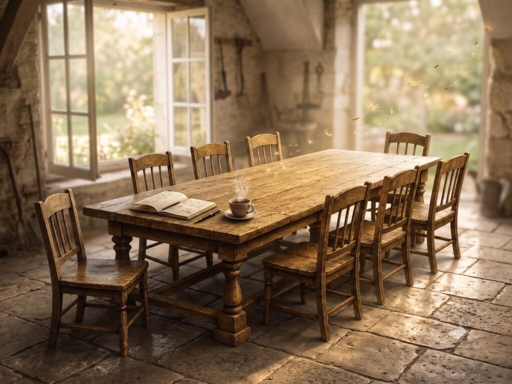 Picture of The Long Table
Old wooden table with eigth chairs and one chair is rotated 5% from the table. The empty chair with room for one more looking for belonging