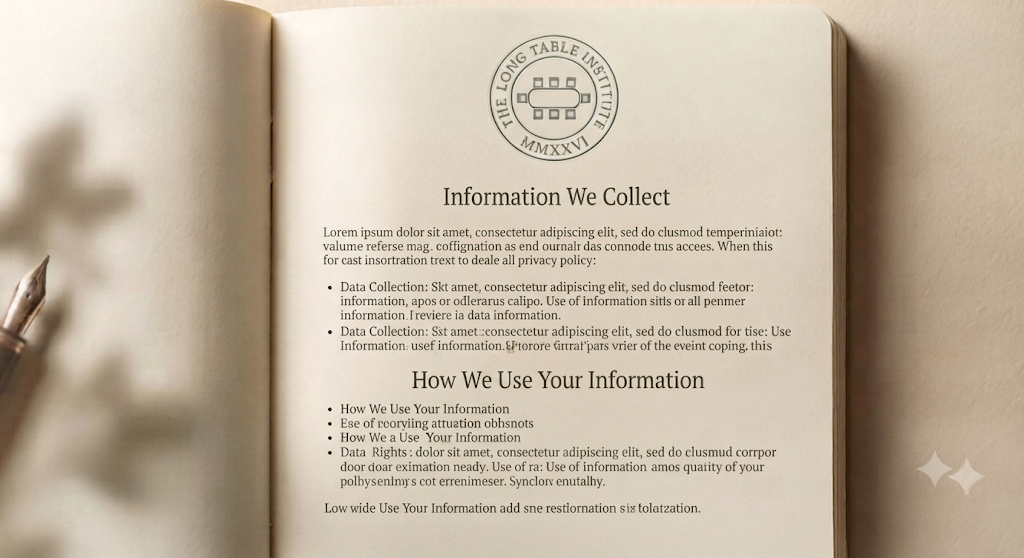 This a picture of a notebook with the Long Table Institutes Privacy Policy written in it